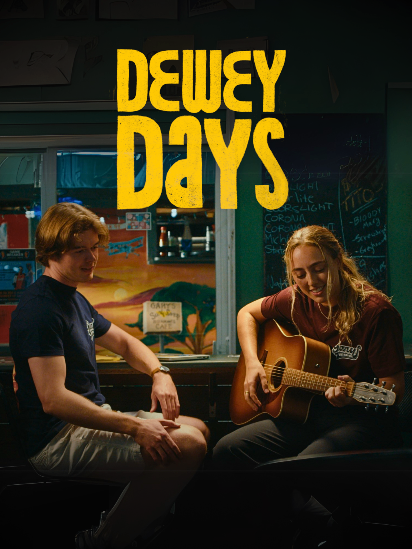 Dewey Days official poster — Clarice and Luke at the bar with a guitar